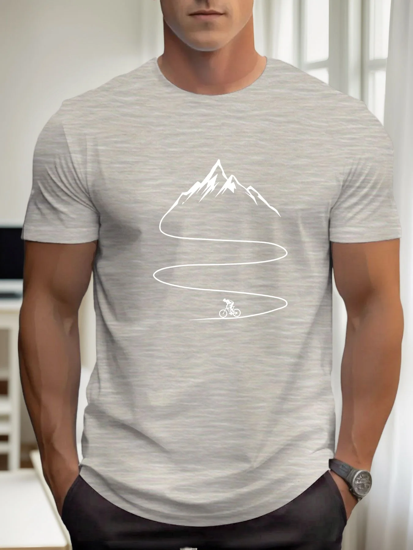 Men's Summer 100% Cotton Fashion Bicycle Mountaineering Pattern Printed Casual Loose Sports Round Neck Short Sleeve T-shirt Top