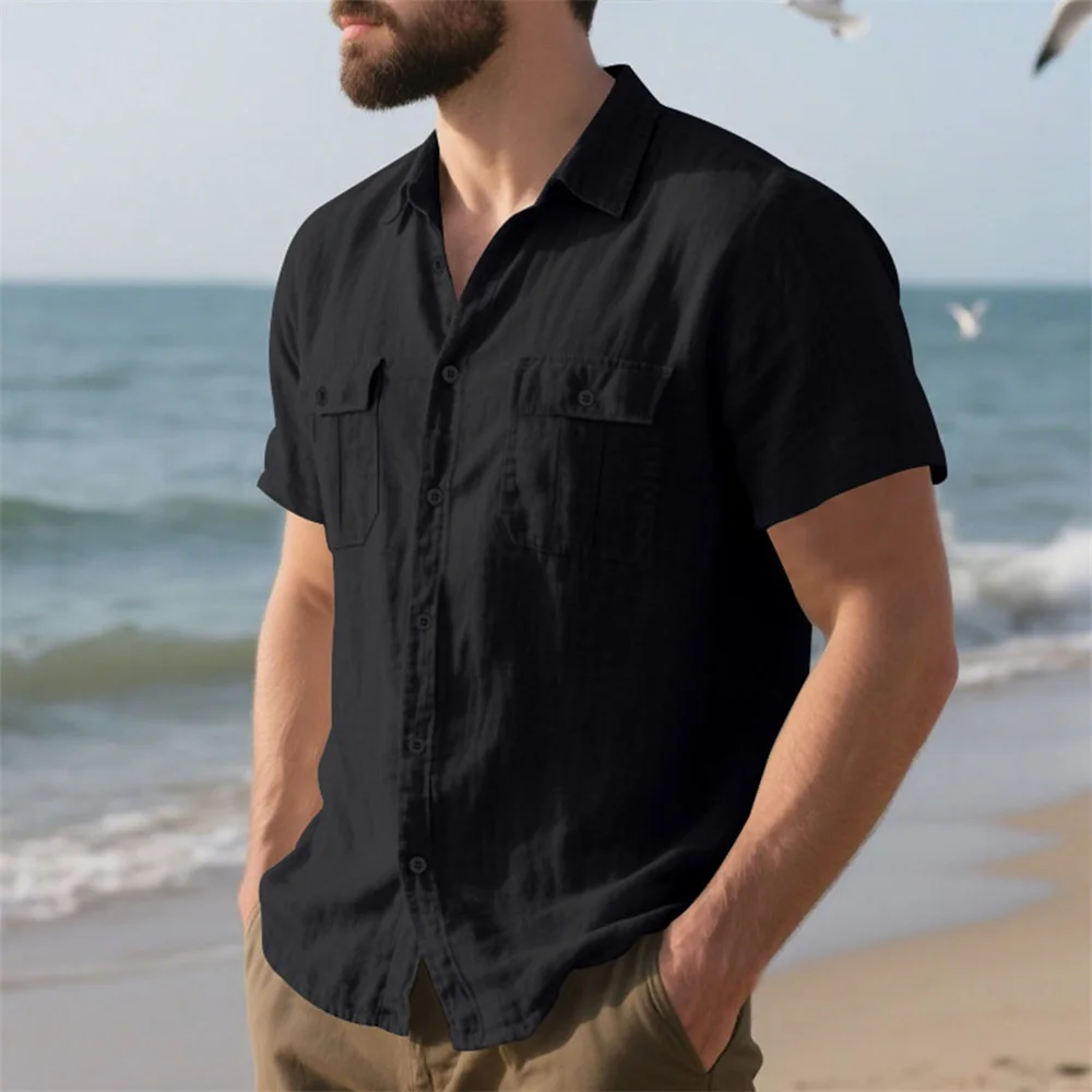 Summer Men's Cotton Linen Short Sleeve Shirt Double Pocket Solid Color Cargo Shirts Casual Vacation Beach Style Lightweight Tops