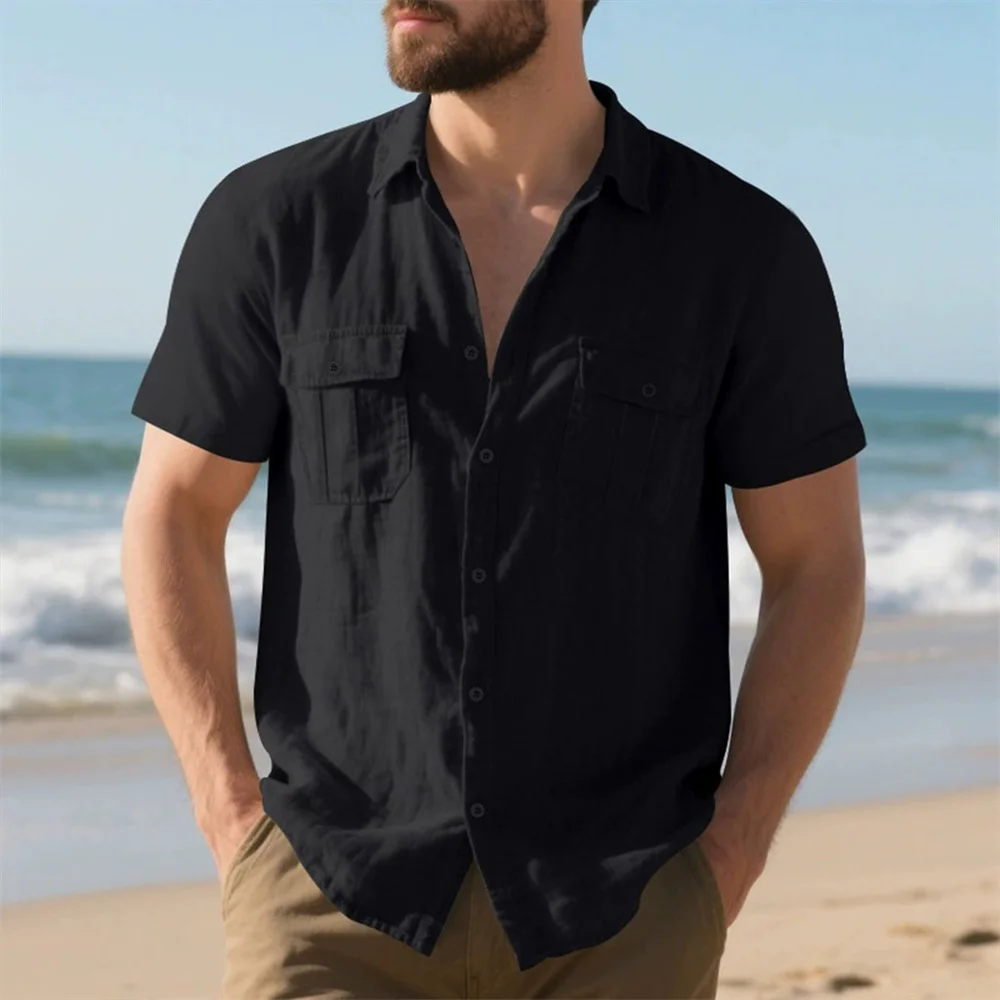 Summer Men's Cotton Linen Short Sleeve Shirt Double Pocket Solid Color Cargo Shirts Casual Vacation Beach Style Lightweight Tops