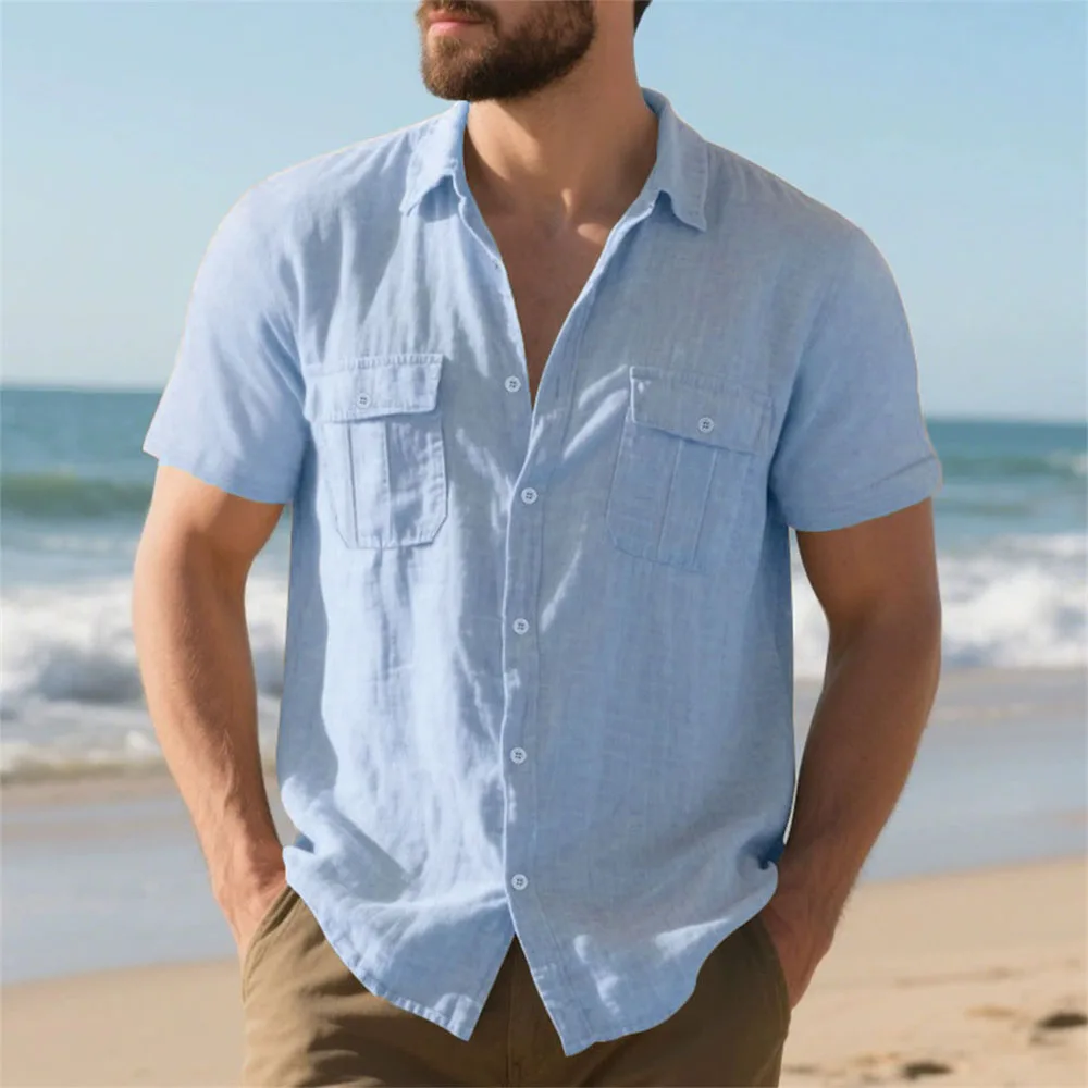 Summer Men's Cotton Linen Short Sleeve Shirt Double Pocket Solid Color Cargo Shirts Casual Vacation Beach Style Lightweight Tops