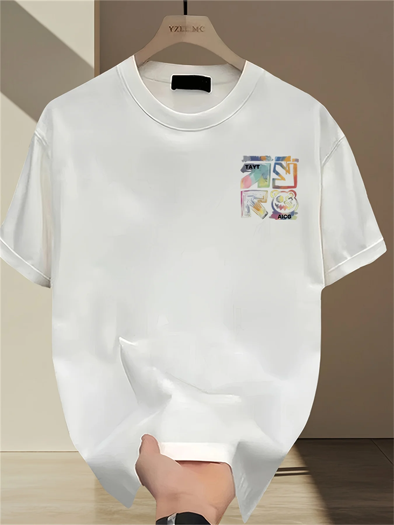 100% Cotton Men's Casual Loose T-Shirt Fashionable Trendy Brand Pattern Printed Breathable Round Neck Short-Sleeved Top