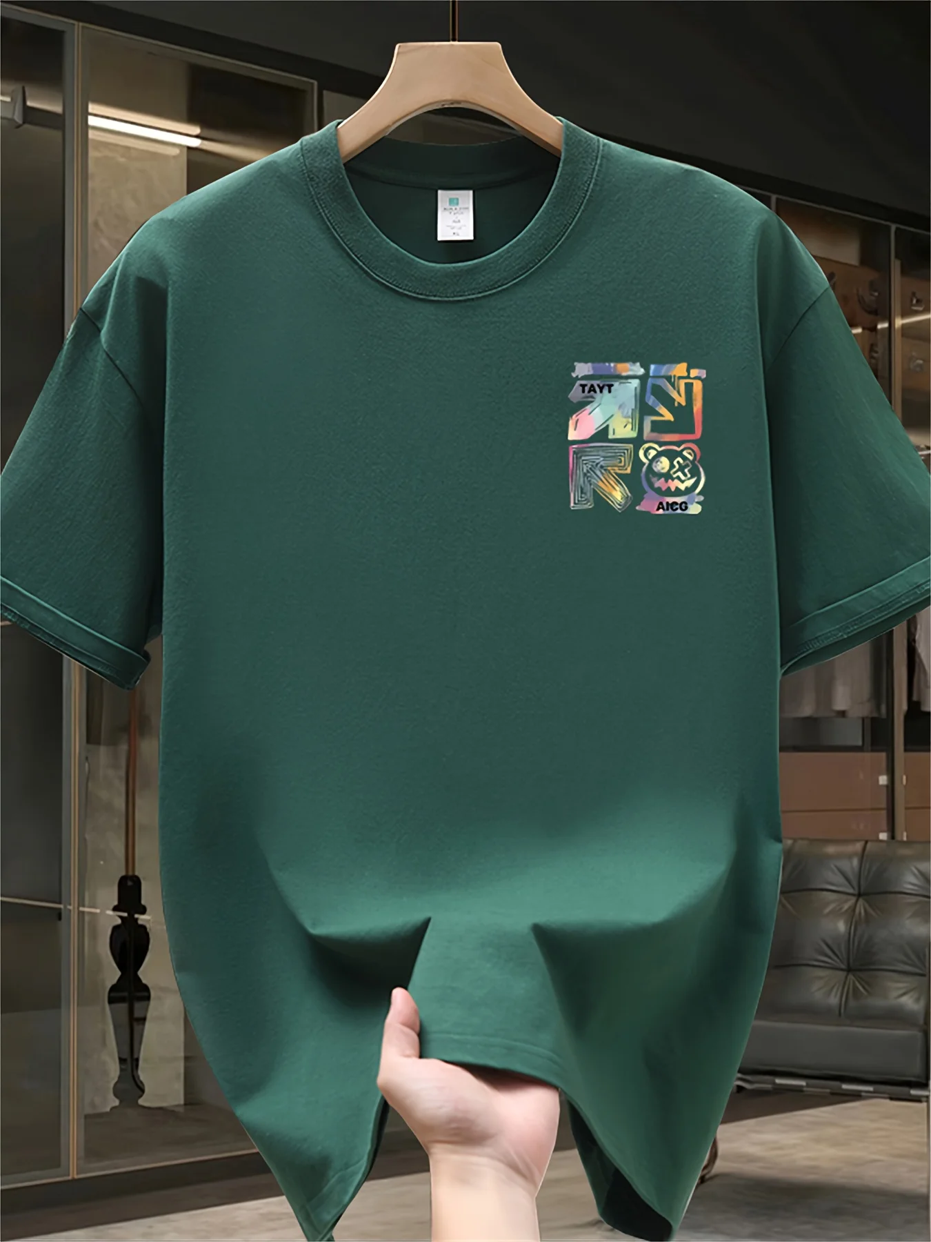 100% Cotton Men's Casual Loose T-Shirt Fashionable Trendy Brand Pattern Printed Breathable Round Neck Short-Sleeved Top