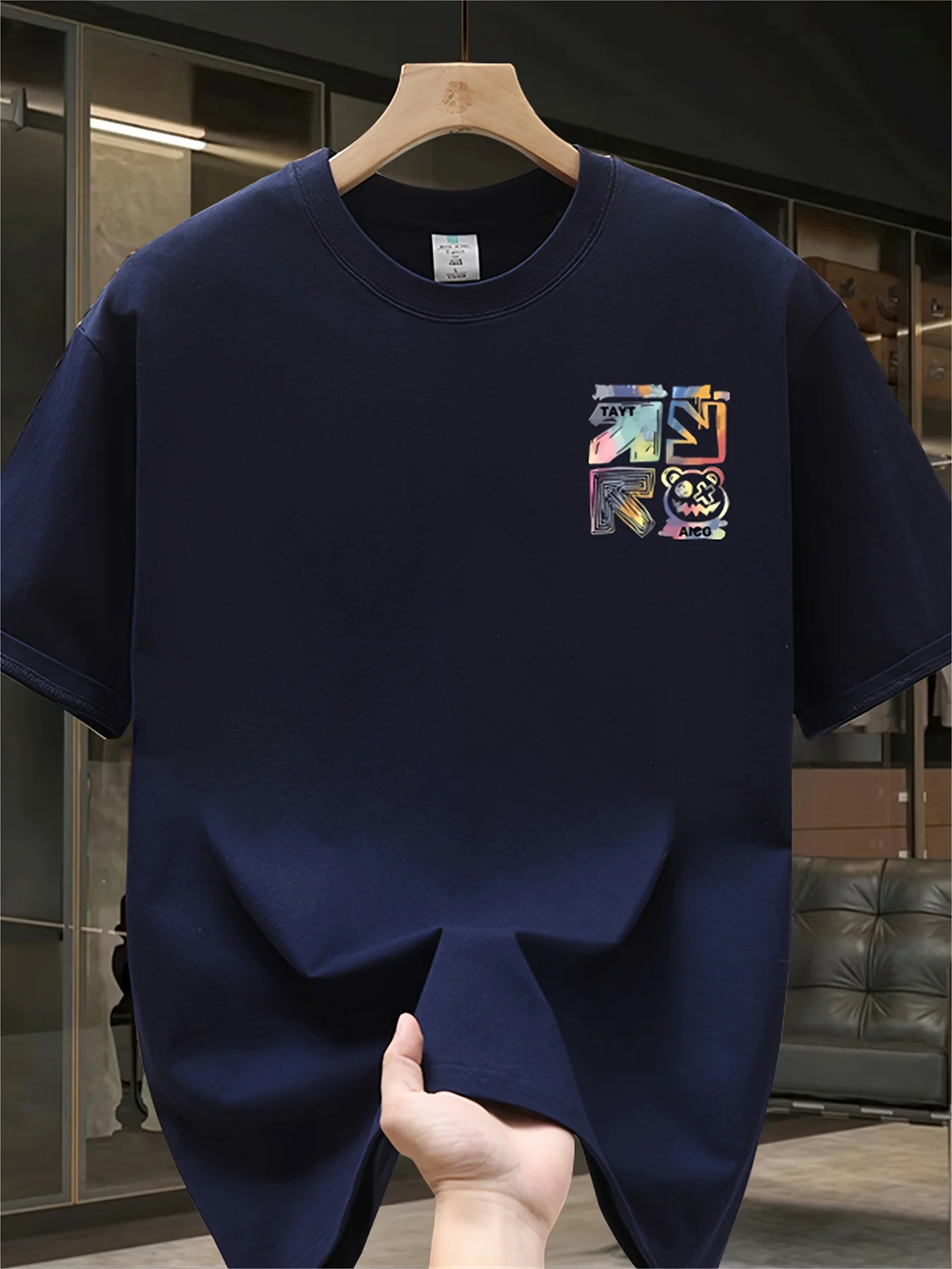 100% Cotton Men's Casual Loose T-Shirt Fashionable Trendy Brand Pattern Printed Breathable Round Neck Short-Sleeved Top