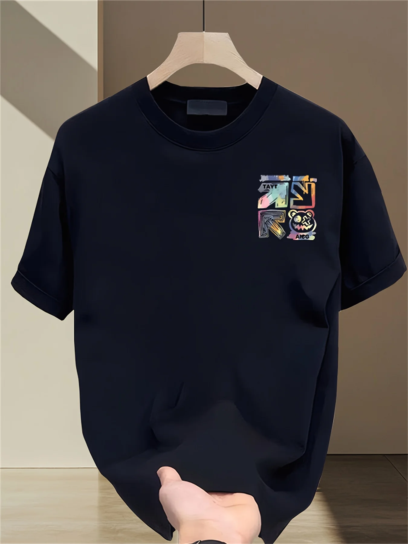 100% Cotton Men's Casual Loose T-Shirt Fashionable Trendy Brand Pattern Printed Breathable Round Neck Short-Sleeved Top