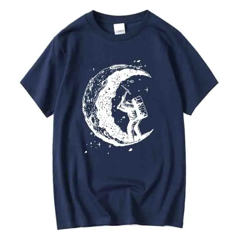 Men's High Quality Cotton Blend Moon Print Casual Summer Cool Short Sleeve Men Tshirt Loose t-shirt Male Tee Shirts Male Tee Top