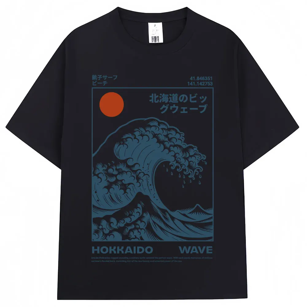 Japanese Style Hokkaido Wave Vintage T-shirt Men Women Harajuku Fashion High Quality T Shirts Oversized Cotton Summer Tee Shirt