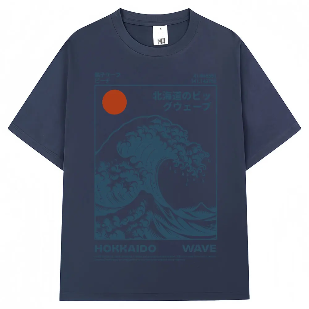 Japanese Style Hokkaido Wave Vintage T-shirt Men Women Harajuku Fashion High Quality T Shirts Oversized Cotton Summer Tee Shirt