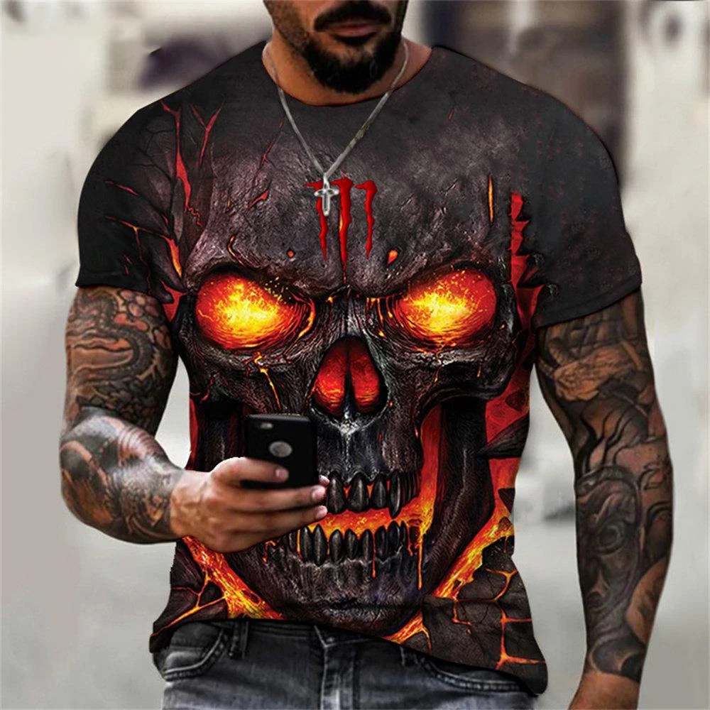 Summer Fashion Retro Skull 3D Printed T-shirt Hip Hop Personality Super Cool Horror Casual T-shirt