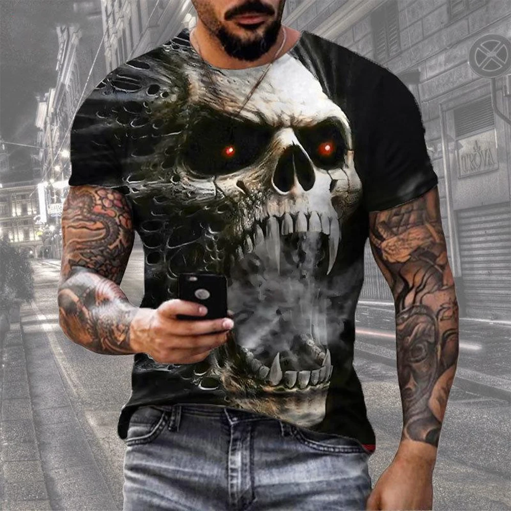 Summer Fashion Retro Skull 3D Printed T-shirt Hip Hop Personality Super Cool Horror Casual T-shirt