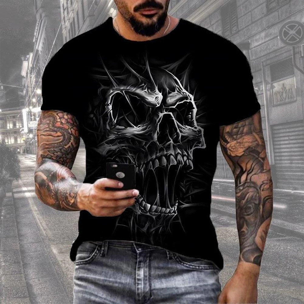 Summer Fashion Retro Skull 3D Printed T-shirt Hip Hop Personality Super Cool Horror Casual T-shirt