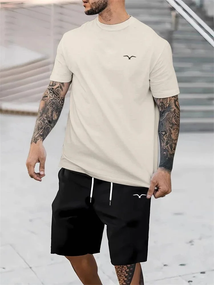 2025 Hot Selling Spliced Pattern Men's T-Shirt Round Neck Short-Sleeved Drawstring Shorts Outdoor Breathable Quick Drying Short