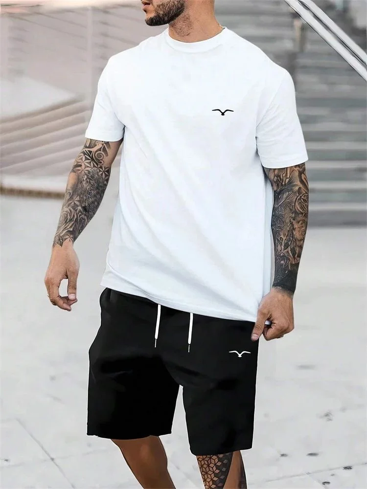 2025 Hot Selling Spliced Pattern Men's T-Shirt Round Neck Short-Sleeved Drawstring Shorts Outdoor Breathable Quick Drying Short
