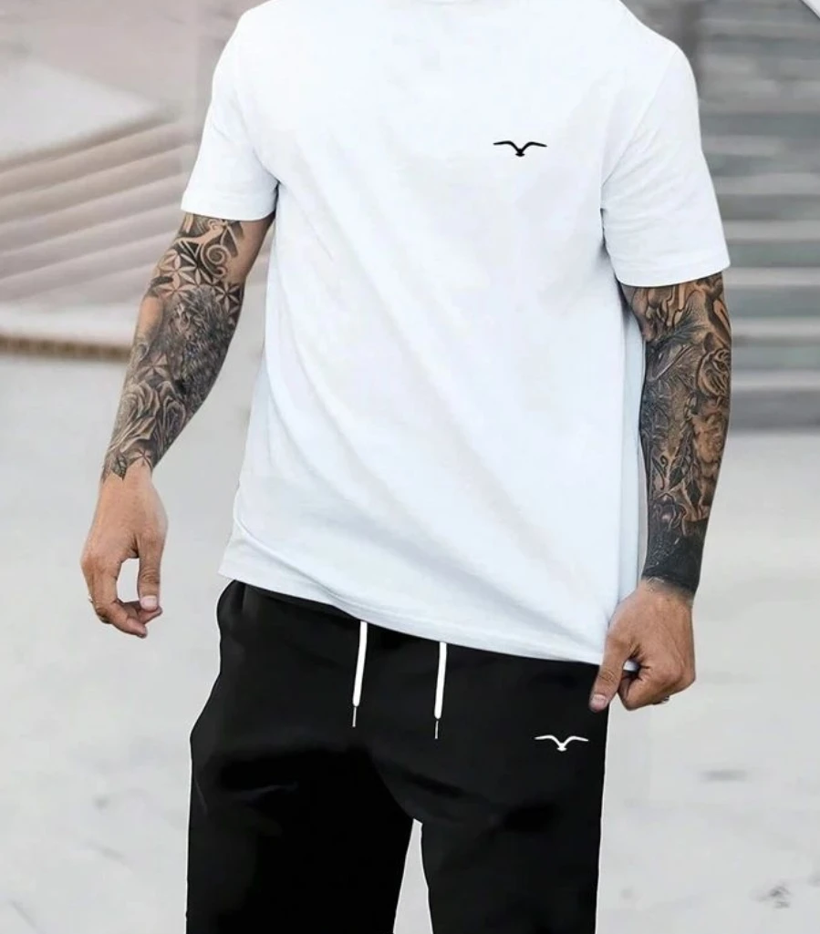 2025 Hot Selling Spliced Pattern Men's T-Shirt Round Neck Short-Sleeved Drawstring Shorts Outdoor Breathable Quick Drying Short