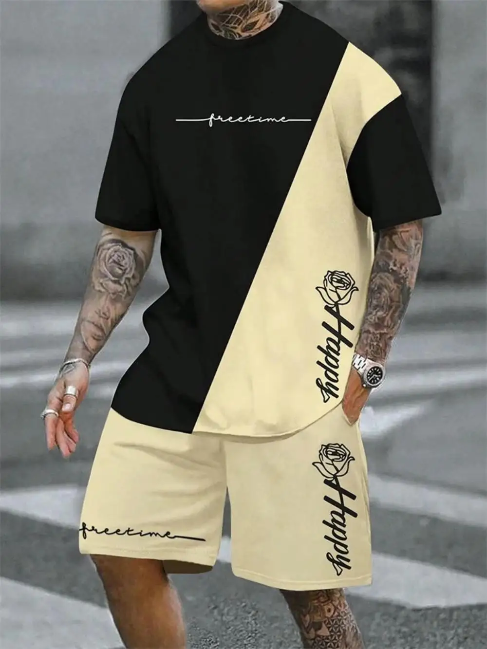 2025 Hot Selling Spliced Pattern Men's T-Shirt Round Neck Short-Sleeved Drawstring Shorts Outdoor Breathable Quick Drying Short