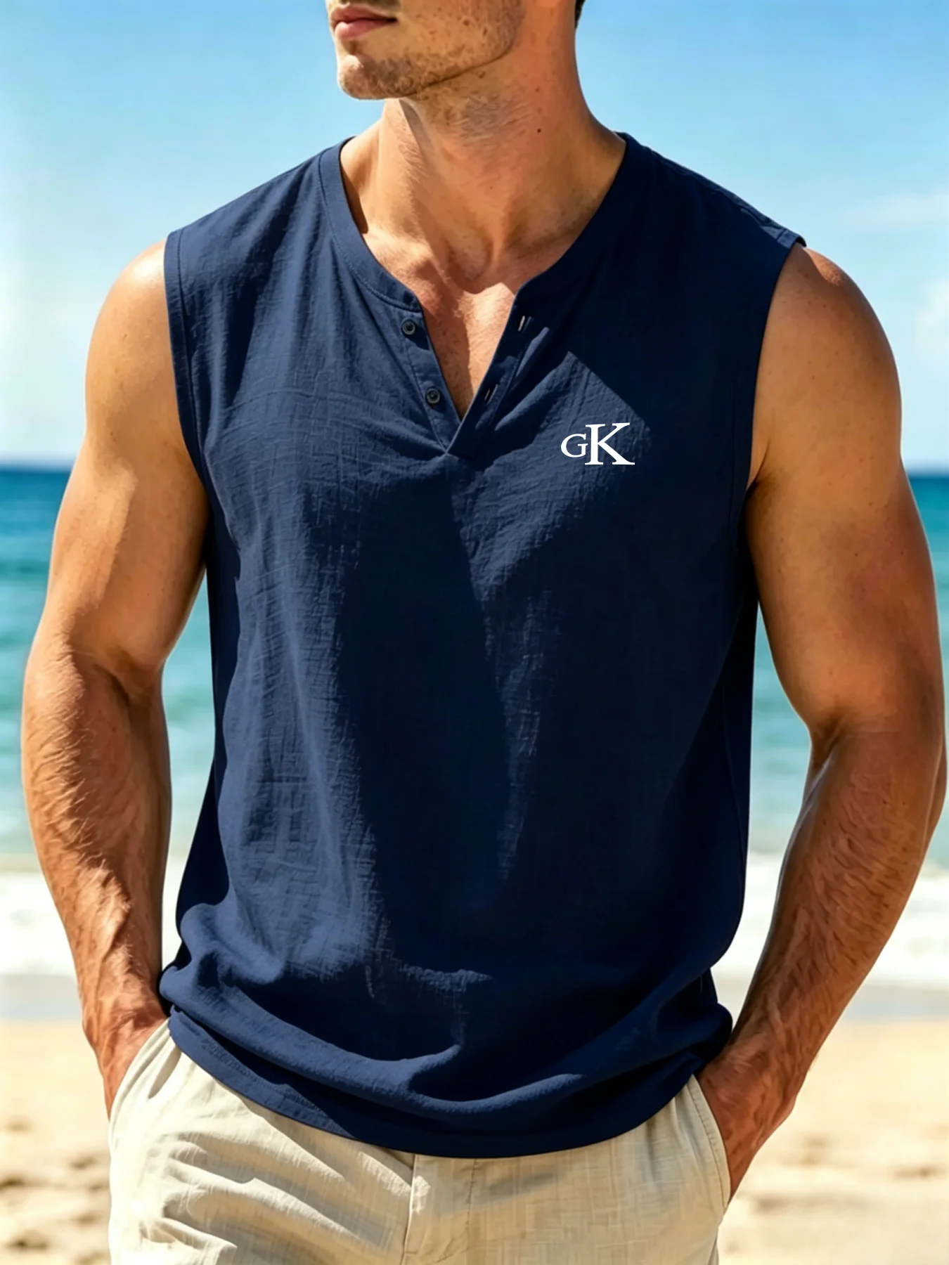 Mens Cotton Linen Henley Sleeveless Tank Top GK Print Breathable Casual Summer Beach Vest 2632