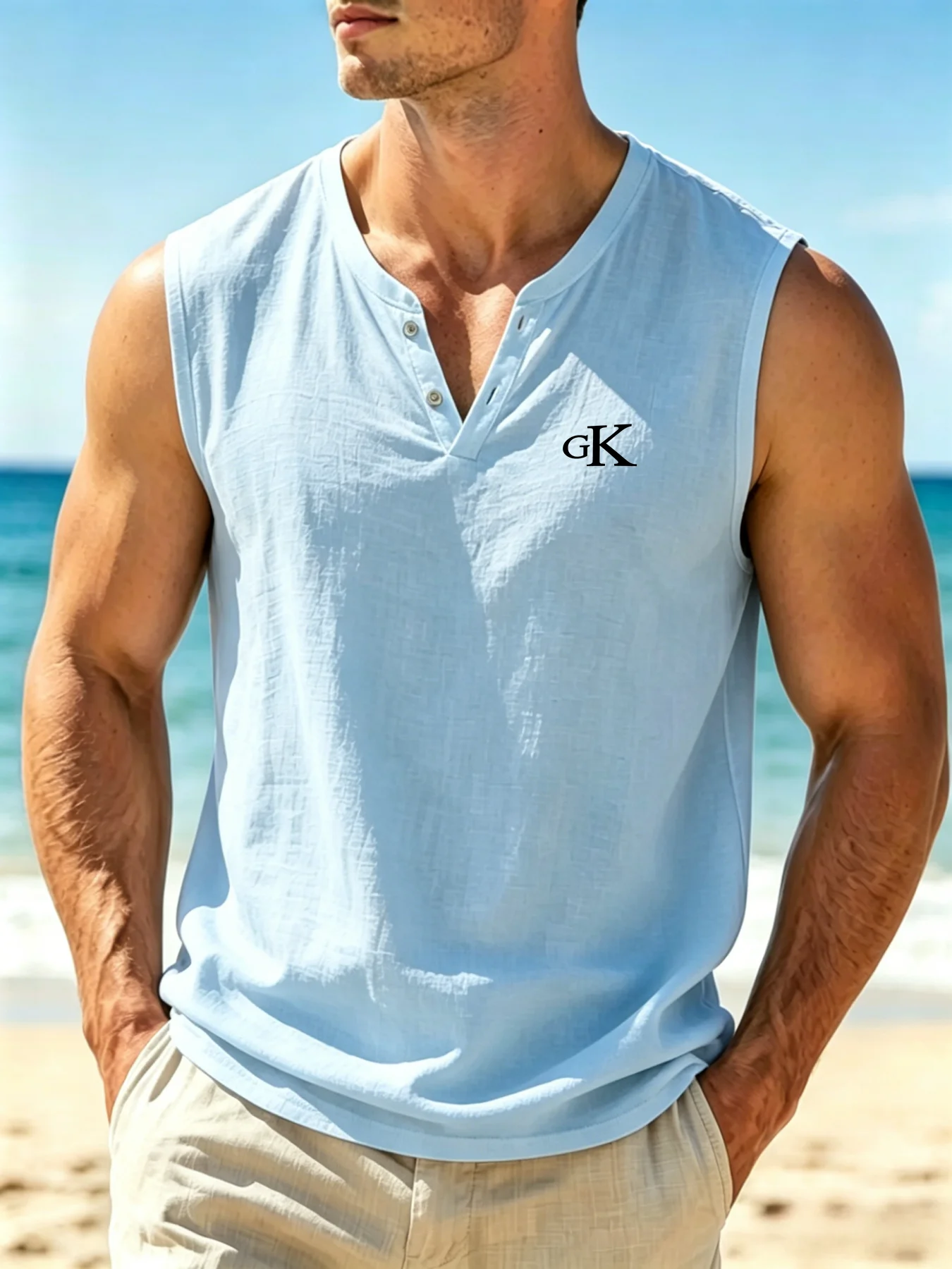 Mens Cotton Linen Henley Sleeveless Tank Top GK Print Breathable Casual Summer Beach Vest 2632