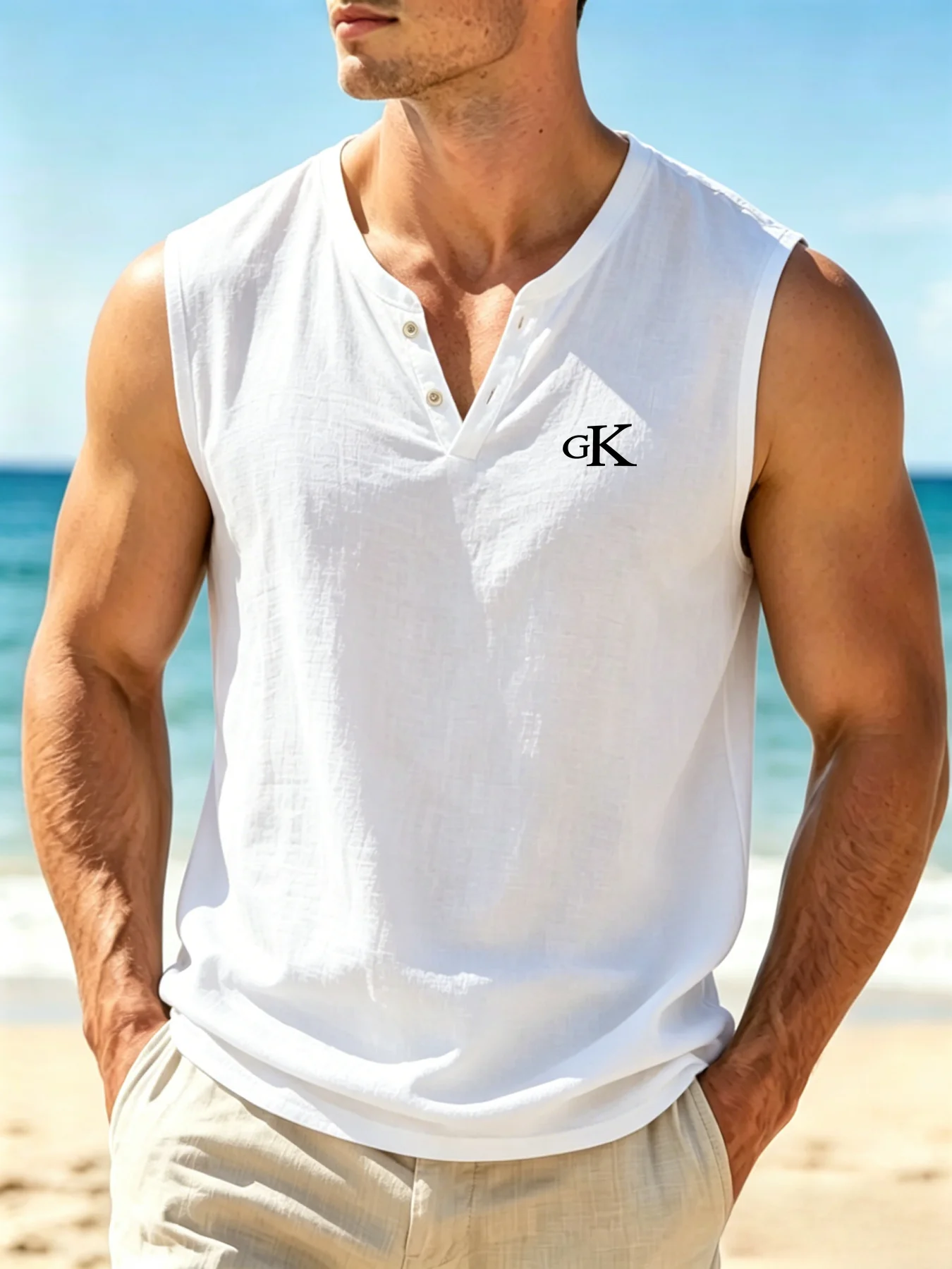 Mens Cotton Linen Henley Sleeveless Tank Top GK Print Breathable Casual Summer Beach Vest 2632
