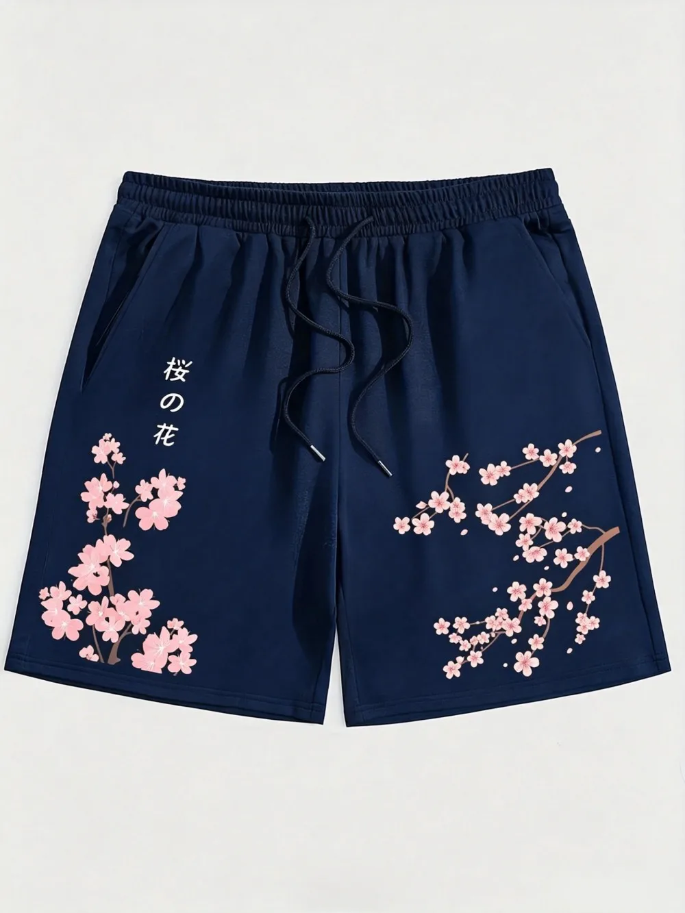 American Men's Summer Personalized Cherry Blossom Letter Print Micro Elastic Breathable Drawstring Shorts Outdoor Casual Pants