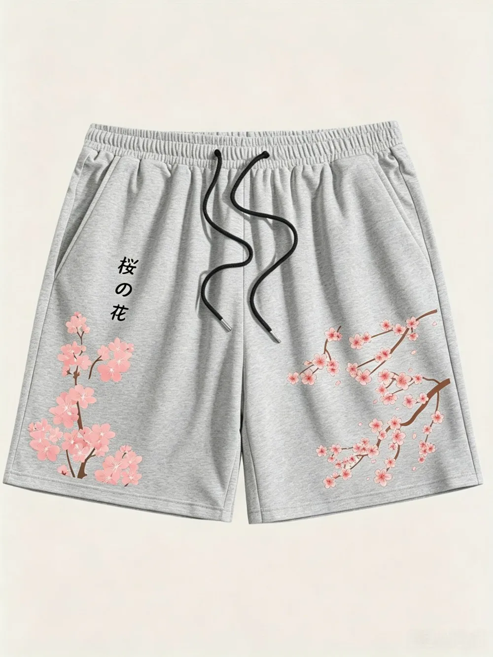 American Men's Summer Personalized Cherry Blossom Letter Print Micro Elastic Breathable Drawstring Shorts Outdoor Casual Pants