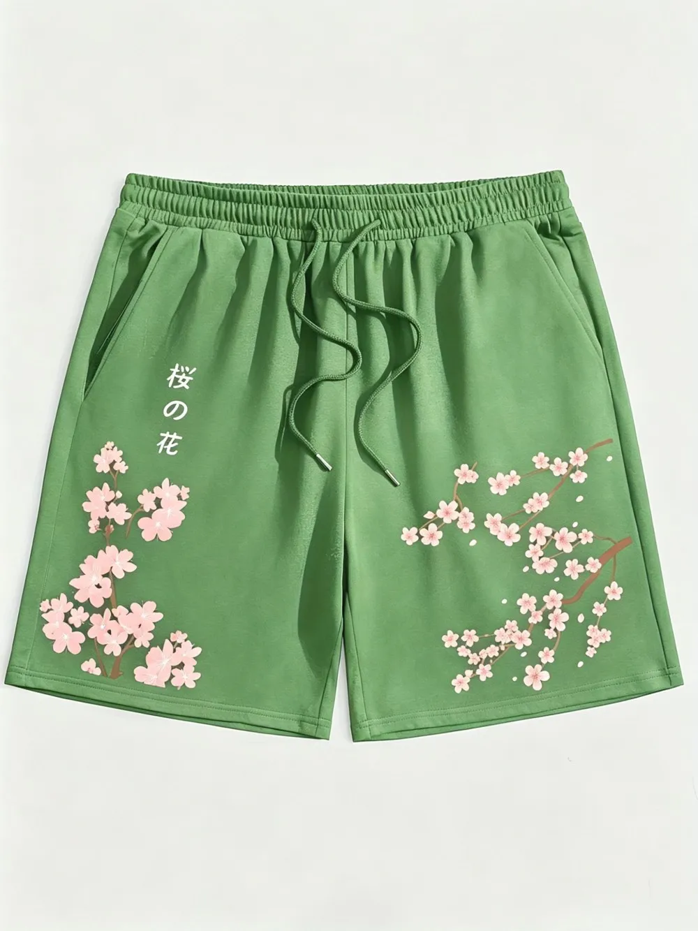 American Men's Summer Personalized Cherry Blossom Letter Print Micro Elastic Breathable Drawstring Shorts Outdoor Casual Pants