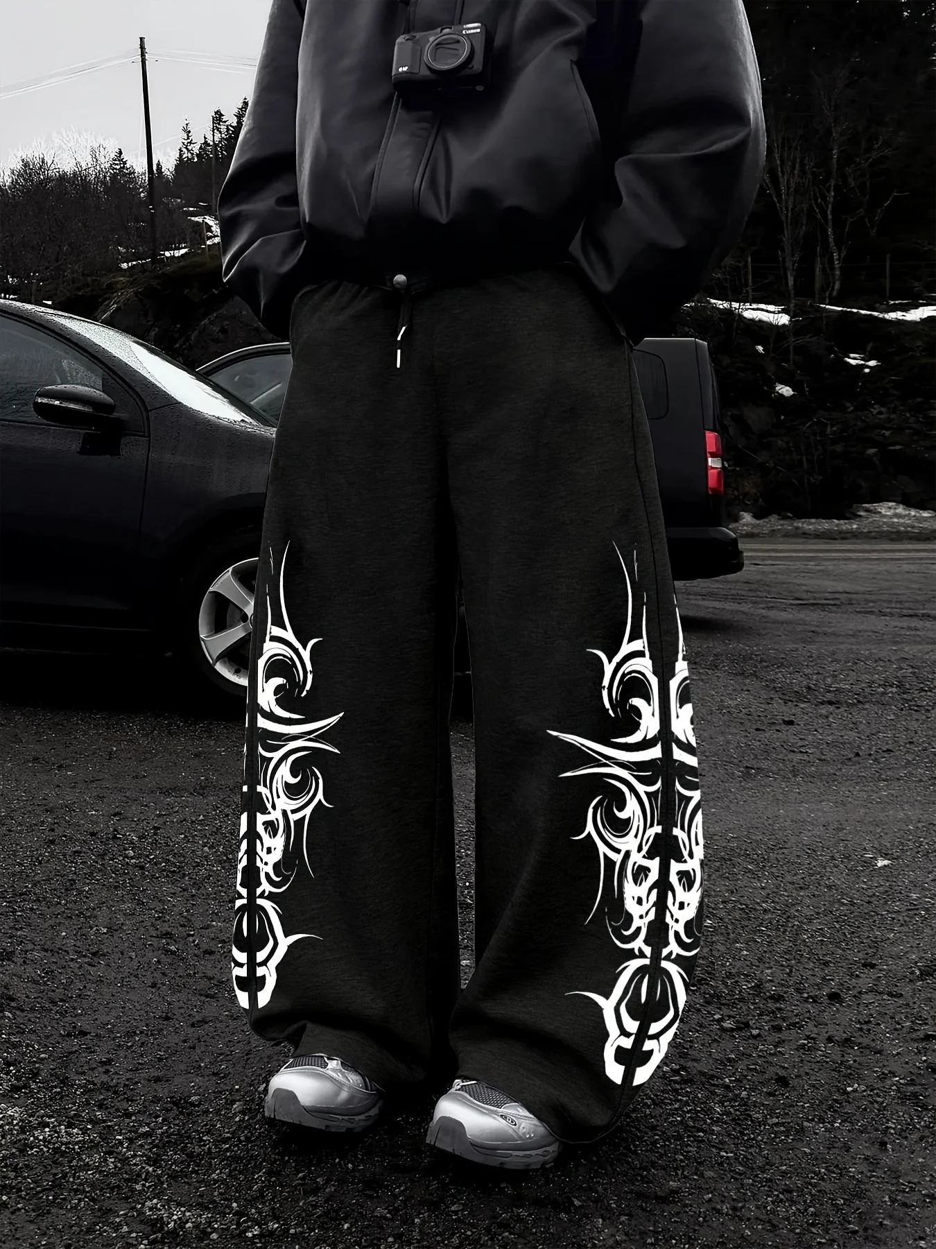 Men Gothic Vertical Graphic Wide Leg Sweatpants Drawstring Loose Straight Baggy Y2K Dark Punk Streetwear Pants.