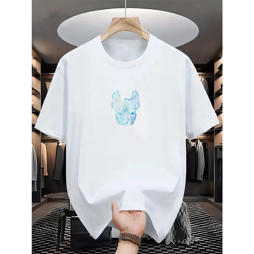 100% Polyester Men's Loose T-Shirt Breathable Casual Fashion French Bulldog Pattern Printed Short Sleeved Round Neck Top