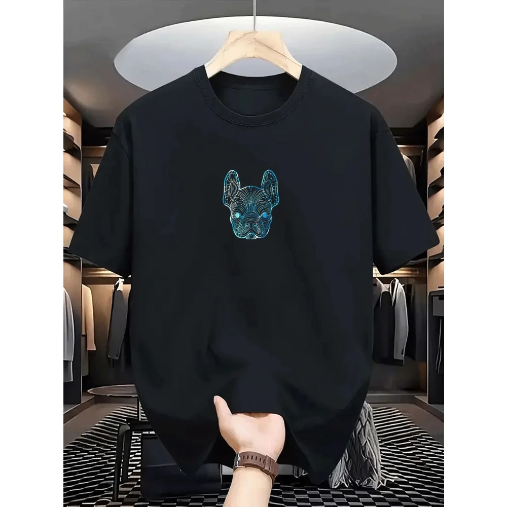 100% Polyester Men's Loose T-Shirt Breathable Casual Fashion French Bulldog Pattern Printed Short Sleeved Round Neck Top