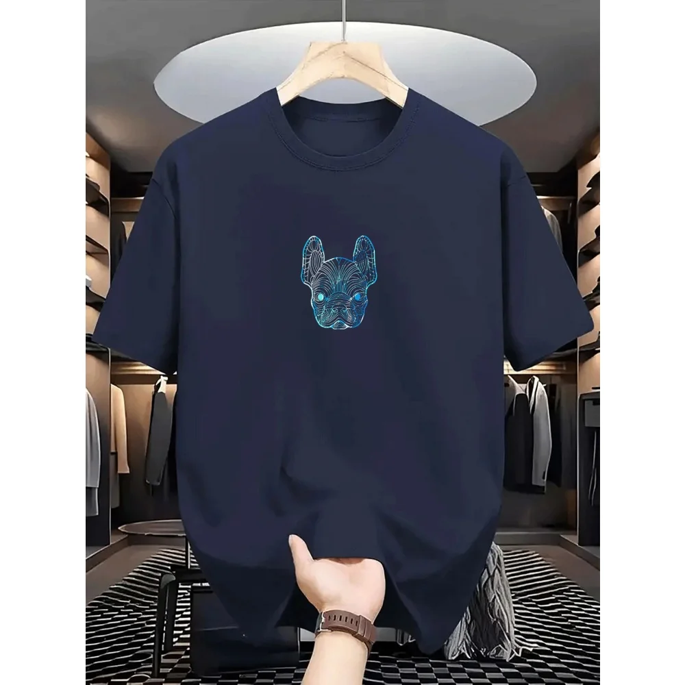 100% Polyester Men's Loose T-Shirt Breathable Casual Fashion French Bulldog Pattern Printed Short Sleeved Round Neck Top