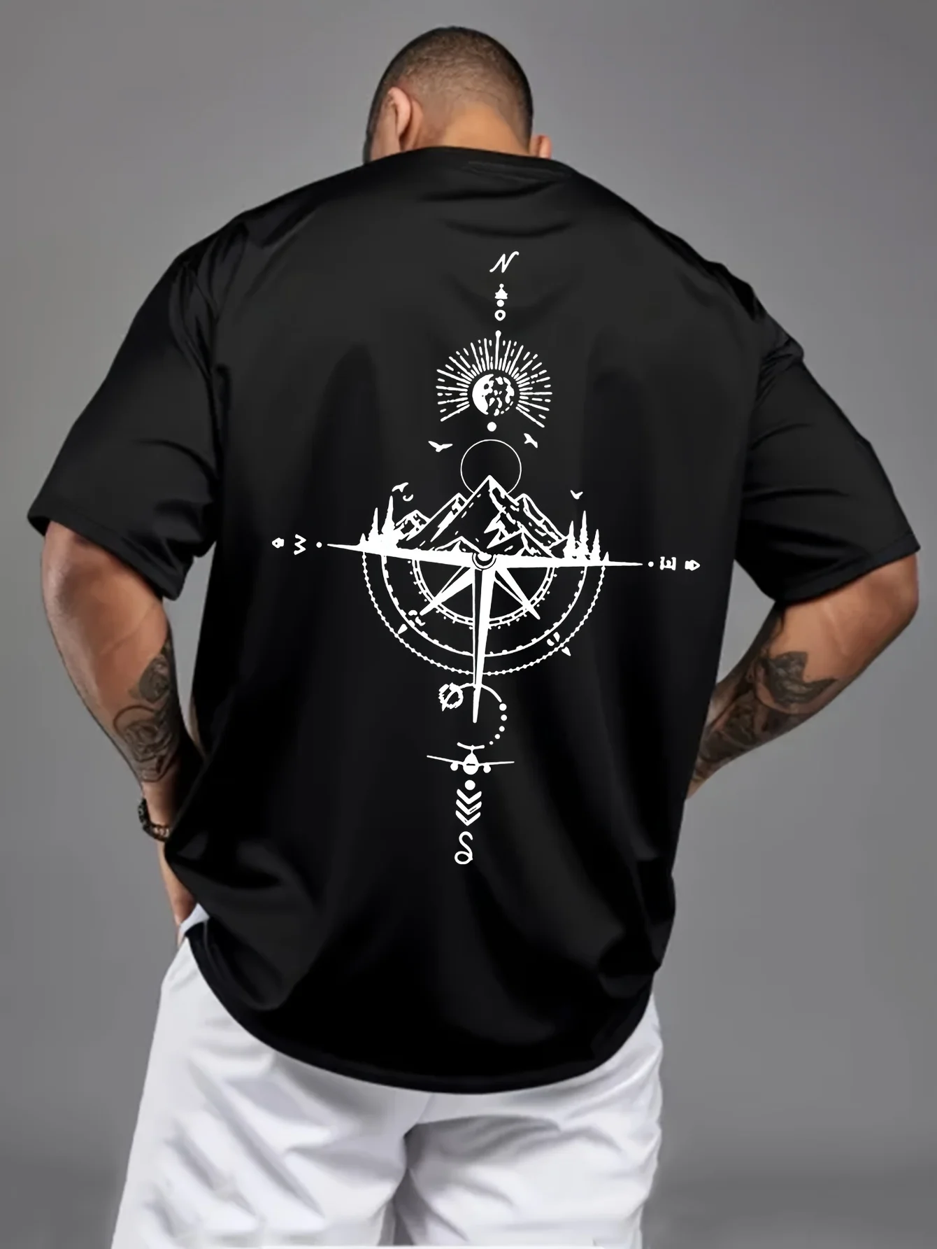 Summer Men's 100% Pure Cotton Casual Sports Loose Oversized Retro Compass Printed Comfortable Round Neck Short Sleeved T-Shirt