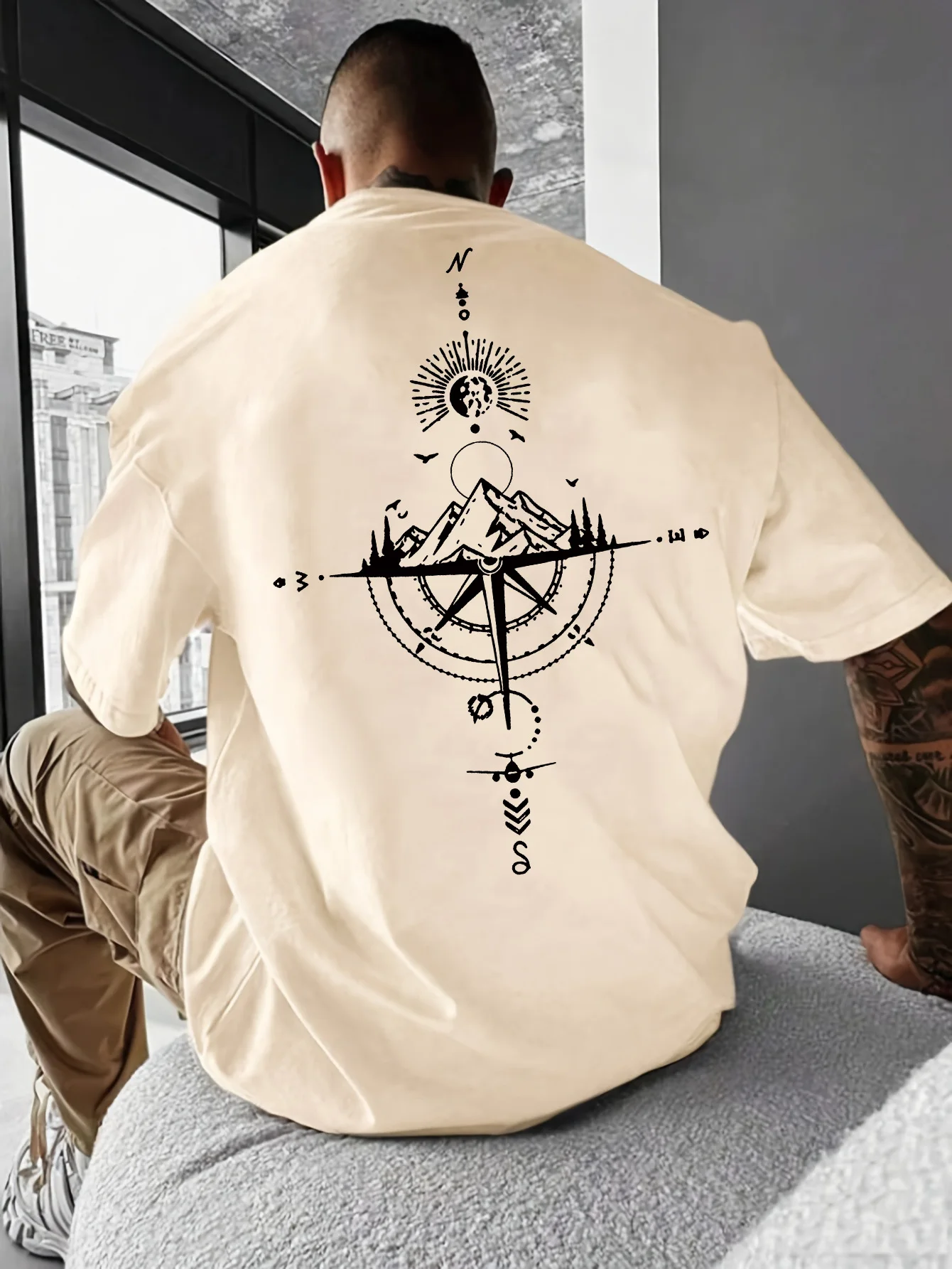 Summer Men's 100% Pure Cotton Casual Sports Loose Oversized Retro Compass Printed Comfortable Round Neck Short Sleeved T-Shirt