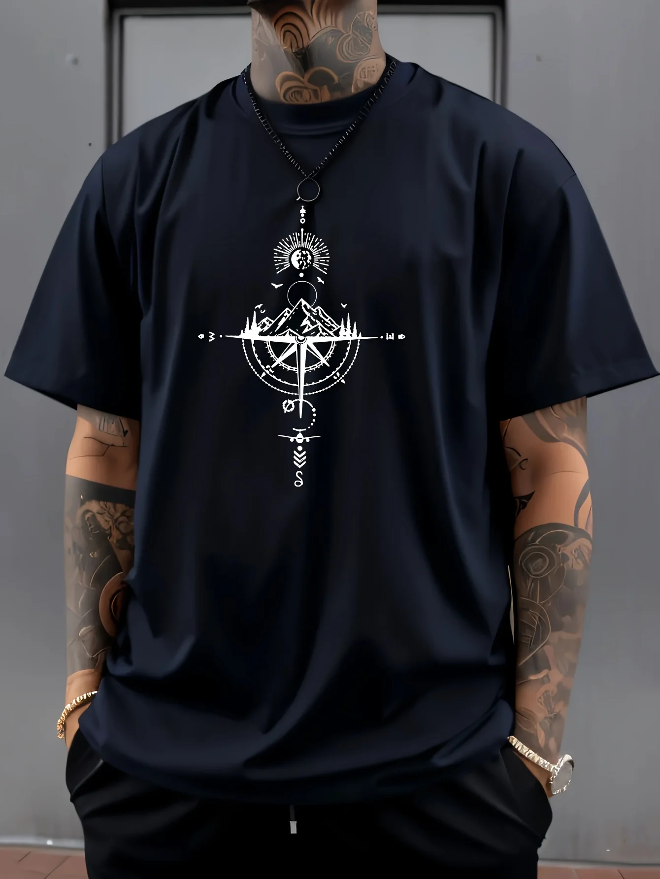 Summer Men's 100% Pure Cotton Casual Sports Loose Oversized Retro Compass Printed Comfortable Round Neck Short Sleeved T-Shirt