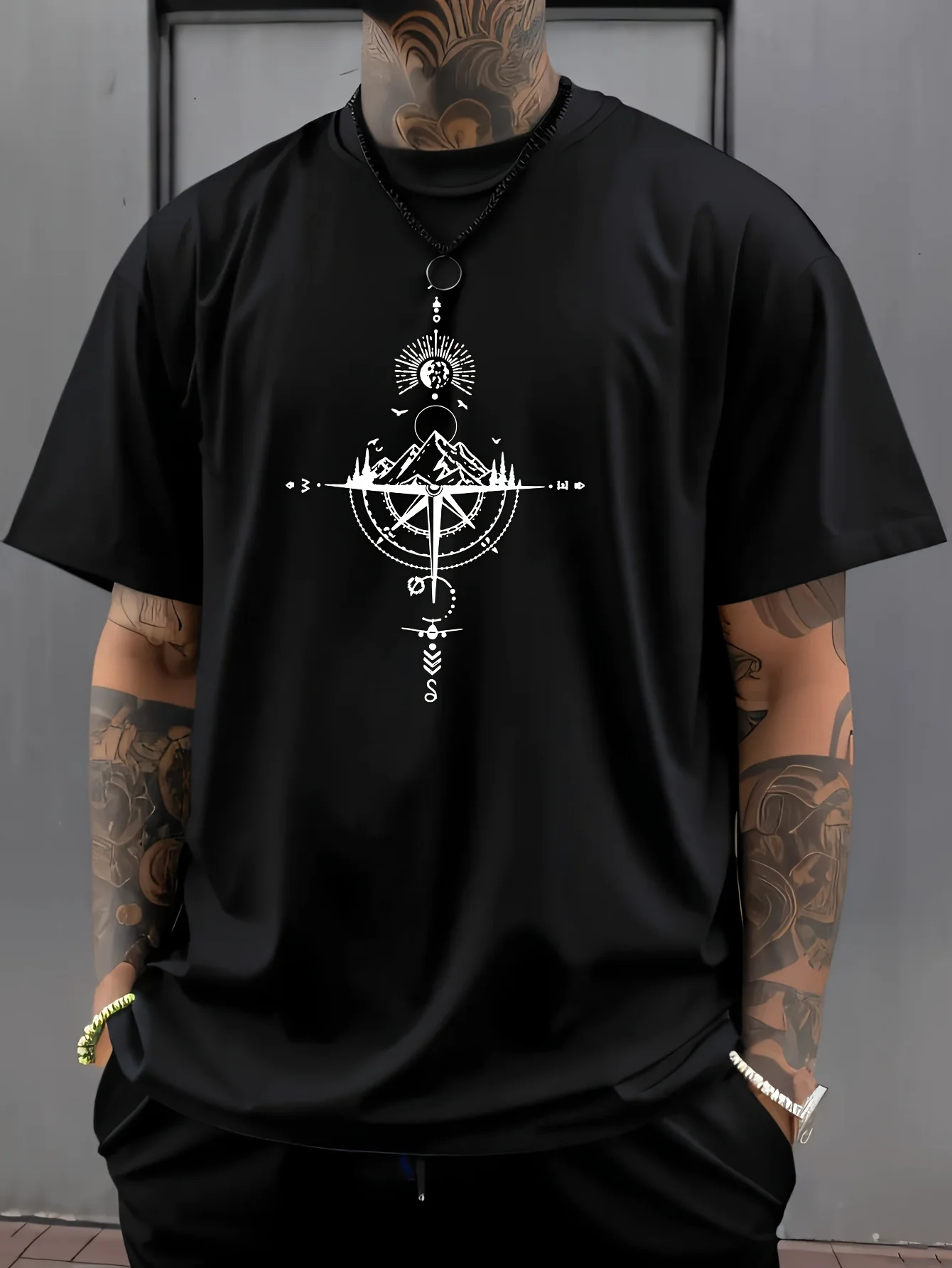 Summer Men's 100% Pure Cotton Casual Sports Loose Oversized Retro Compass Printed Comfortable Round Neck Short Sleeved T-Shirt