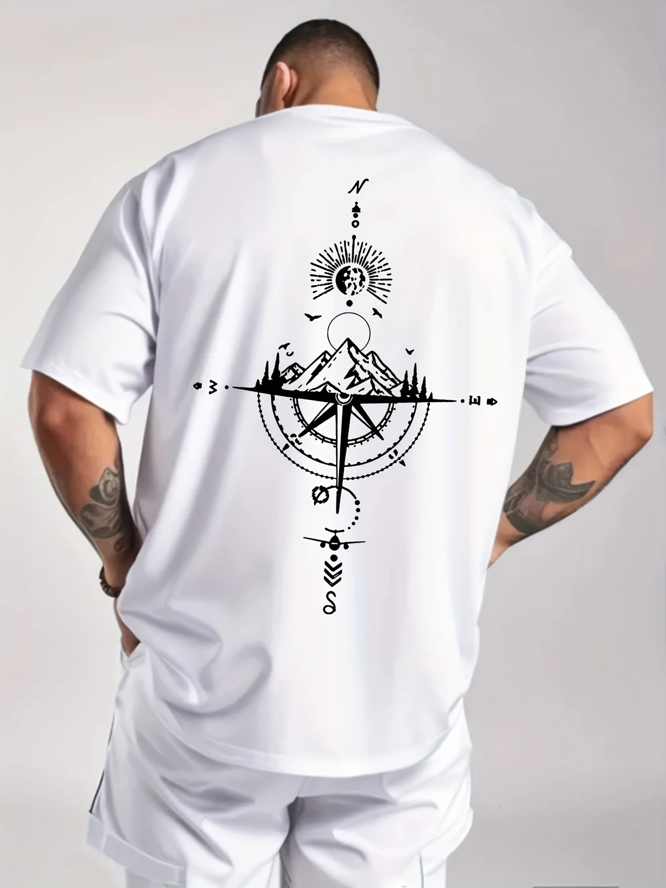 Summer Men's 100% Pure Cotton Casual Sports Loose Oversized Retro Compass Printed Comfortable Round Neck Short Sleeved T-Shirt