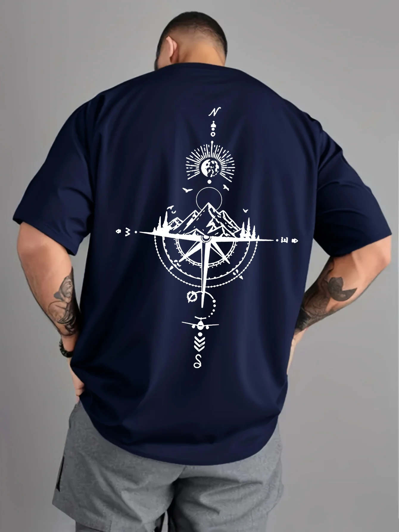 Summer Men's 100% Pure Cotton Casual Sports Loose Oversized Retro Compass Printed Comfortable Round Neck Short Sleeved T-Shirt