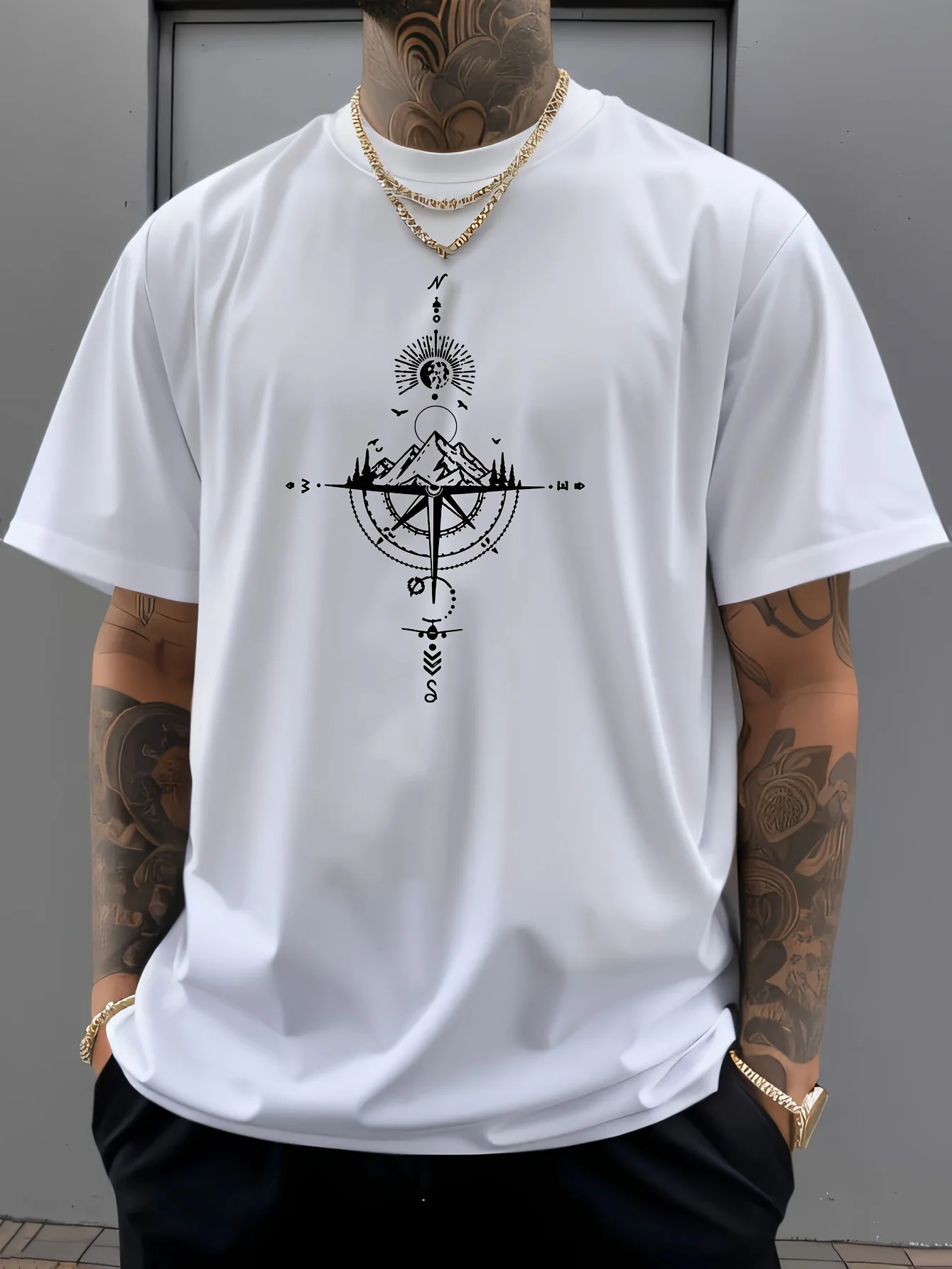 Summer Men's 100% Pure Cotton Casual Sports Loose Oversized Retro Compass Printed Comfortable Round Neck Short Sleeved T-Shirt