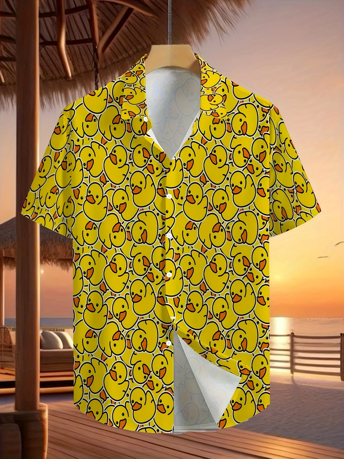 Men's Summer Cute Yellow Rubber Duck Print Hawaiian Shirt Lapel Short Sleeve Button Down Casual Vacation Beach Party Funny Top