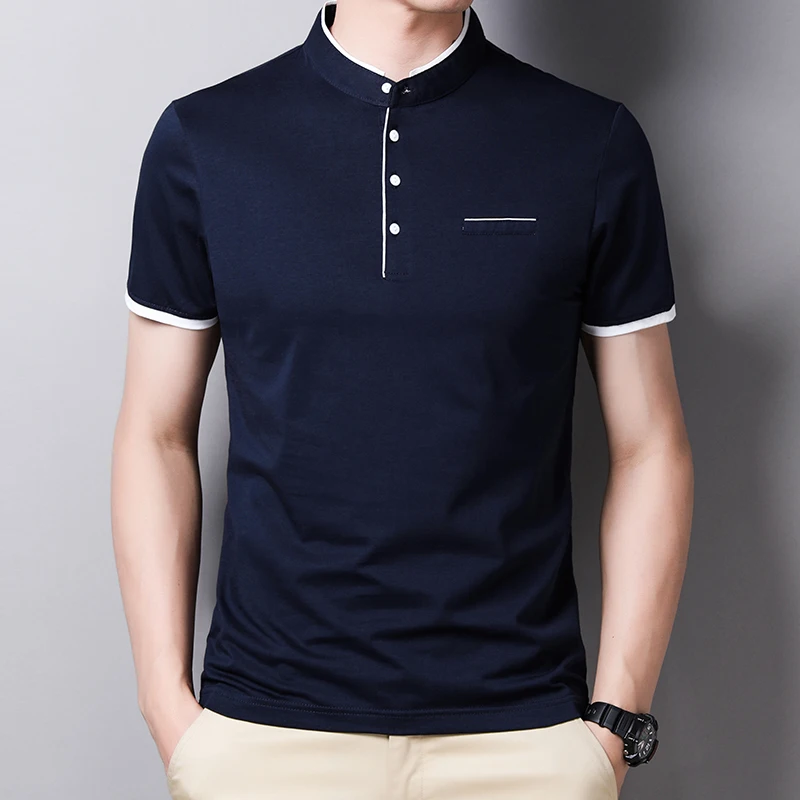 2025 New Men's Casual and Fashionable Solid Color Short Sleeved Stand Up Collar T-shirt Summer Versatile and Comfortable Top