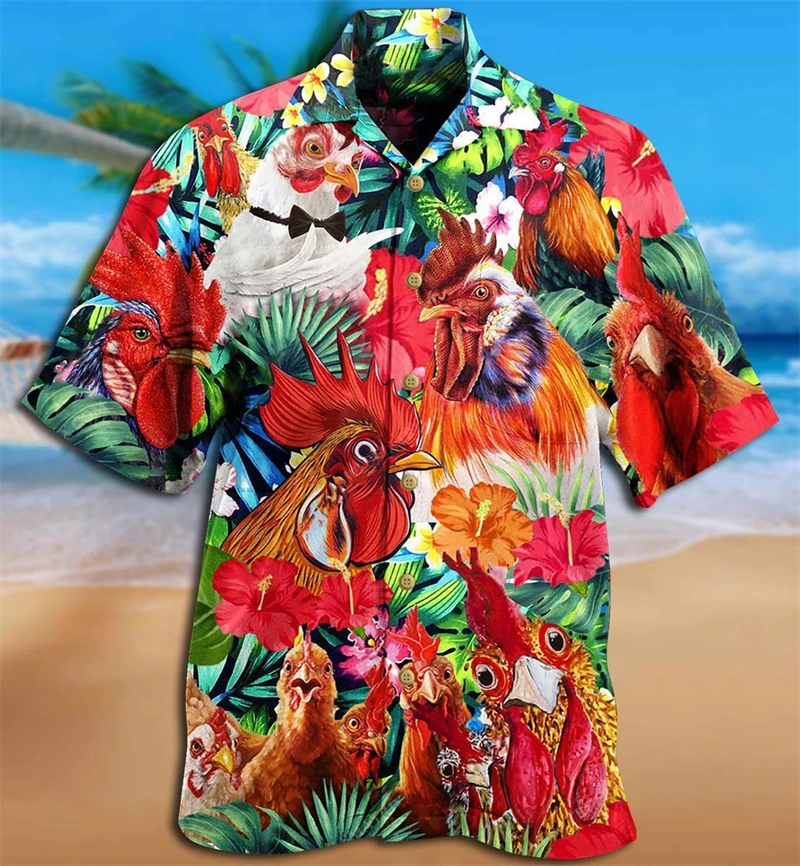 Newest Loose Breathable 3D Print Trendy Cool Fashion Chicken Shirts Beach Hawaiian Top Short Sleeves Summer Men's Men Tee