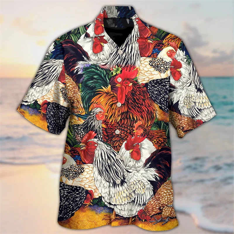 Newest Loose Breathable 3D Print Trendy Cool Fashion Chicken Shirts Beach Hawaiian Top Short Sleeves Summer Men's Men Tee