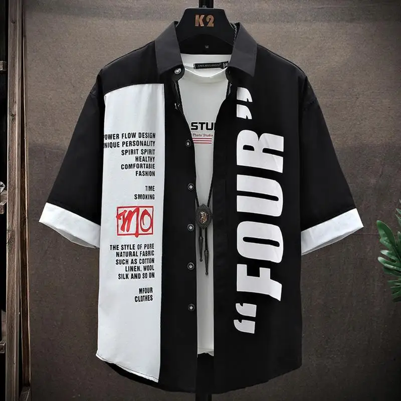 Men's Short-Sleeve Shirt 2025 Summer Five-Quarter Sleeve Japanese Street Brand Shirt Teenagers Punk Handsome