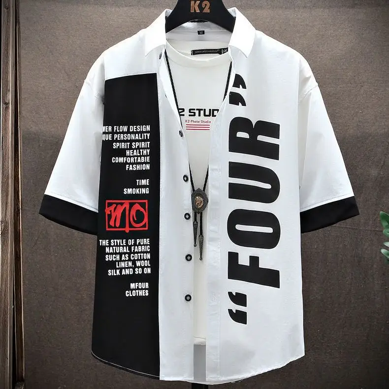 Men's Short-Sleeve Shirt 2025 Summer Five-Quarter Sleeve Japanese Street Brand Shirt Teenagers Punk Handsome