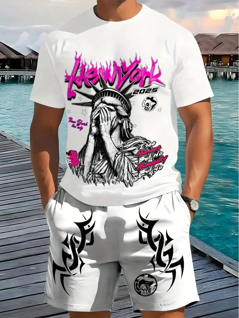 New Men's Summer Statue of Liberty Printed Comfortable Breathable Round Neck T-shirt Drawstring Shorts Set Outdoor Street Wear