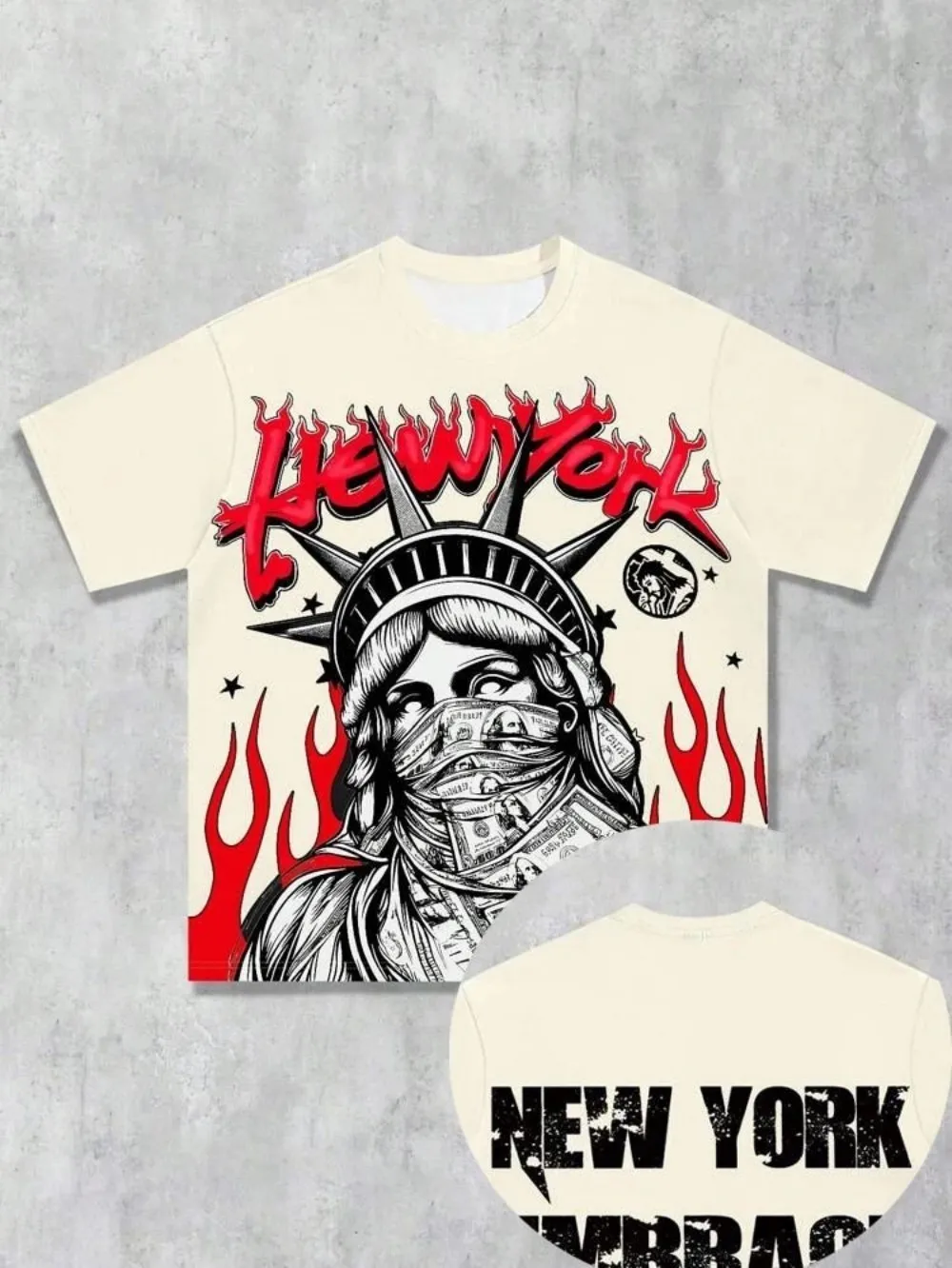 New Men's Summer Statue of Liberty Printed Comfortable Breathable Round Neck T-shirt Drawstring Shorts Set Outdoor Street Wear