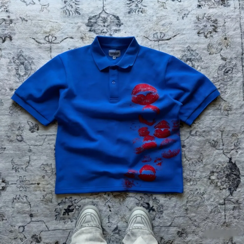 European and American Men's Summer Personalized Totem Lip Print Soft and Breathable Polo Short Sleeved T-Shirt Outdoor Casual To