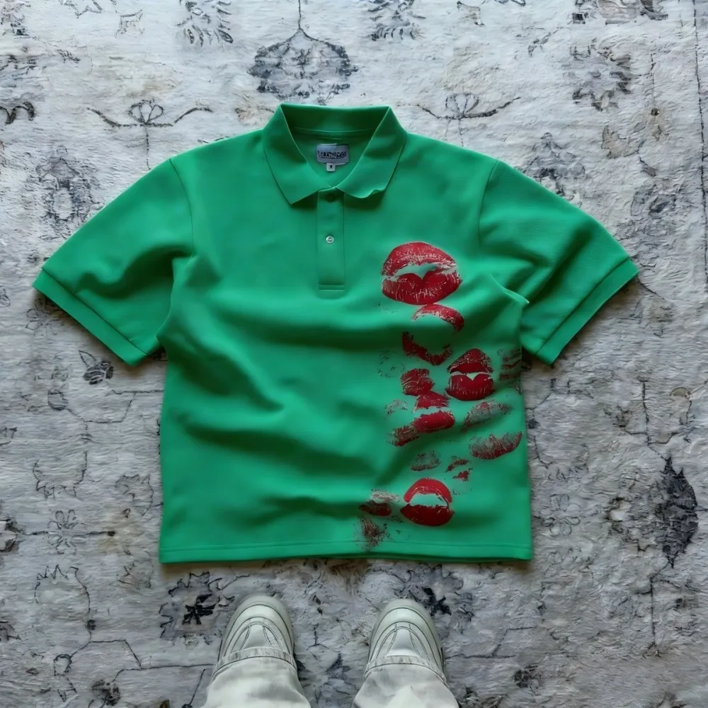 European and American Men's Summer Personalized Totem Lip Print Soft and Breathable Polo Short Sleeved T-Shirt Outdoor Casual To