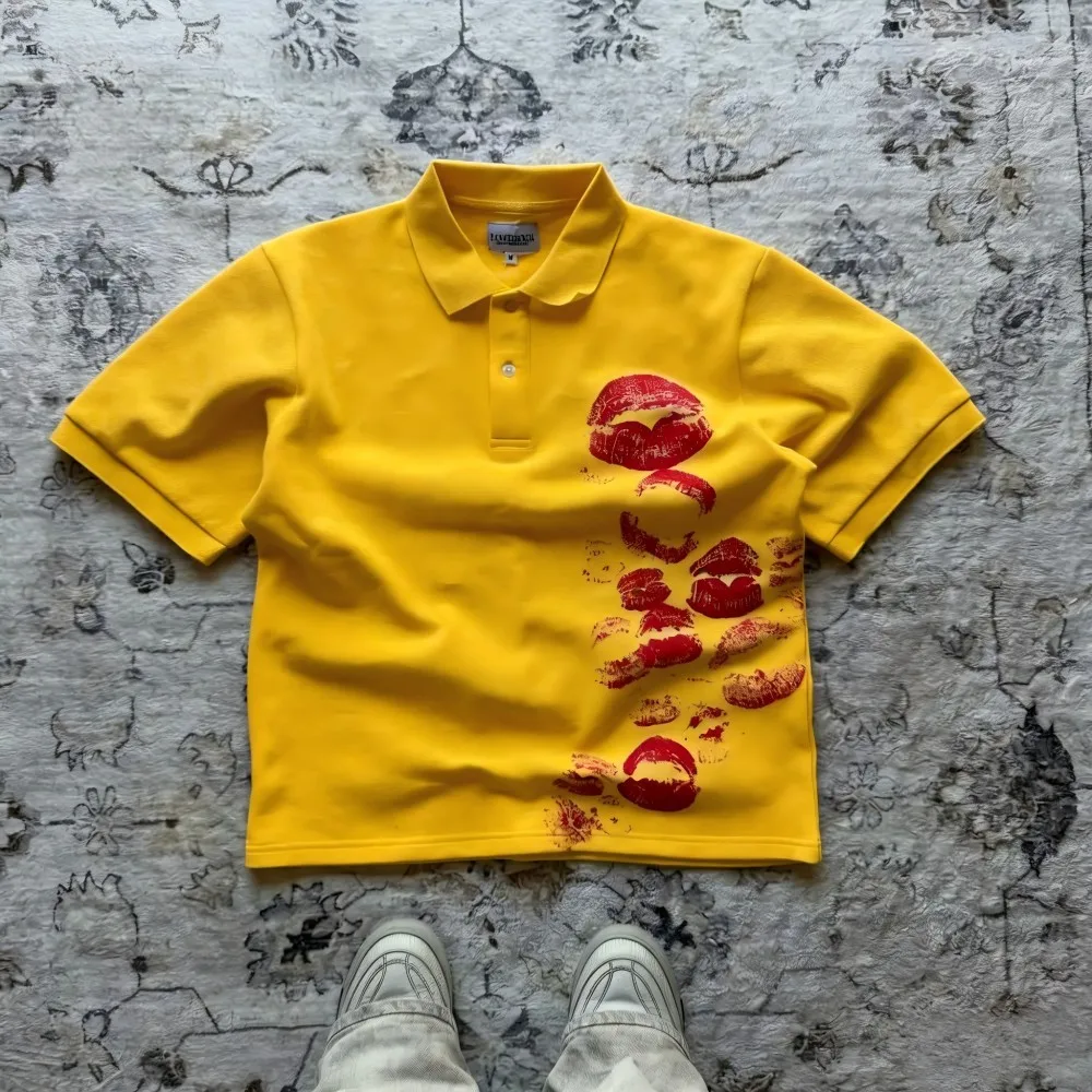 European and American Men's Summer Personalized Totem Lip Print Soft and Breathable Polo Short Sleeved T-Shirt Outdoor Casual To