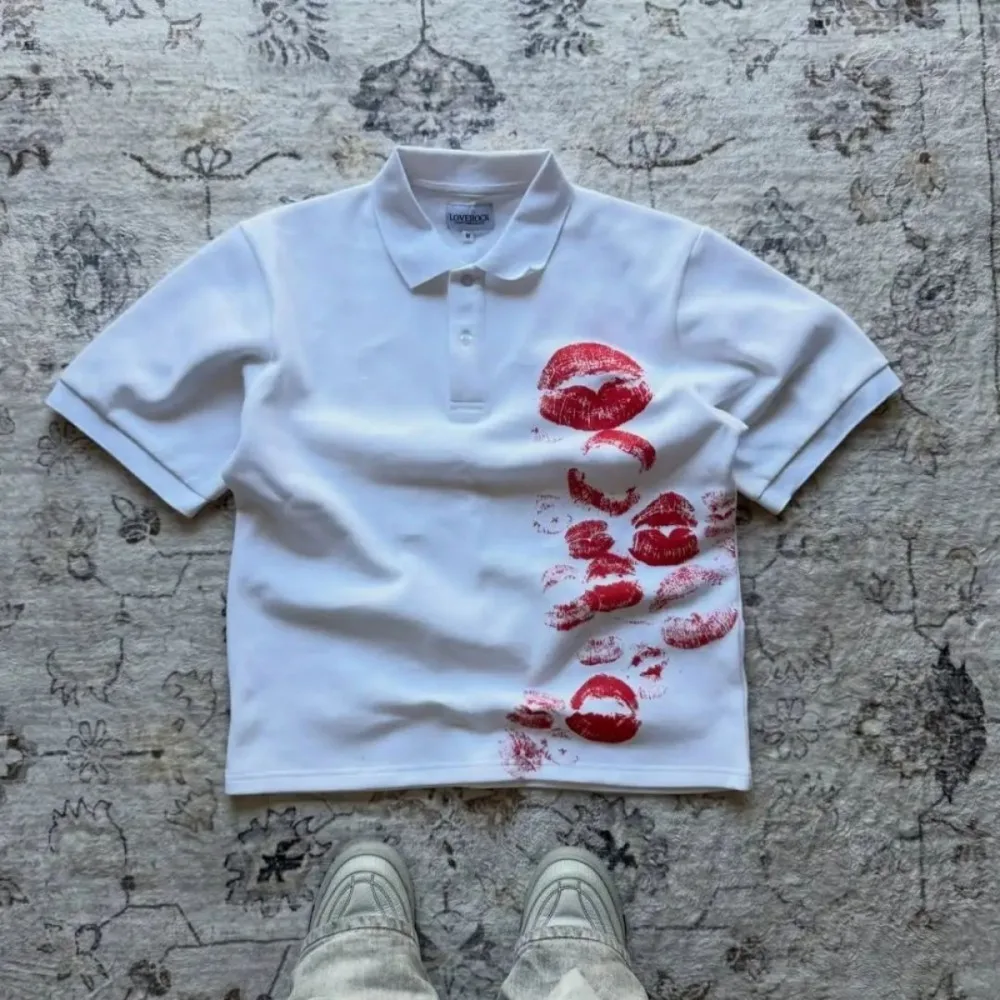 European and American Men's Summer Personalized Totem Lip Print Soft and Breathable Polo Short Sleeved T-Shirt Outdoor Casual To