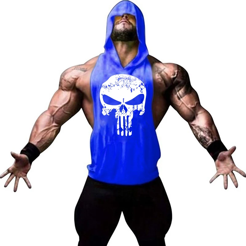 Men Bodybuilding Cotton Skulls Tank Top Gyms Fitness Hooded Vest Sleeveless Shirt Summer Casual Fashion Workout Brand Clothing
