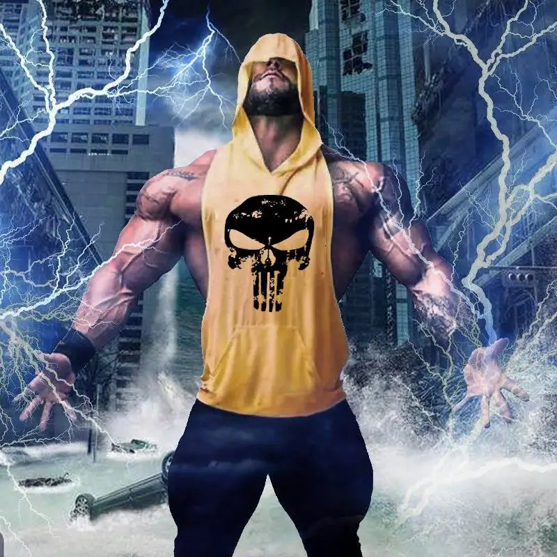 Men Bodybuilding Cotton Skulls Tank Top Gyms Fitness Hooded Vest Sleeveless Shirt Summer Casual Fashion Workout Brand Clothing