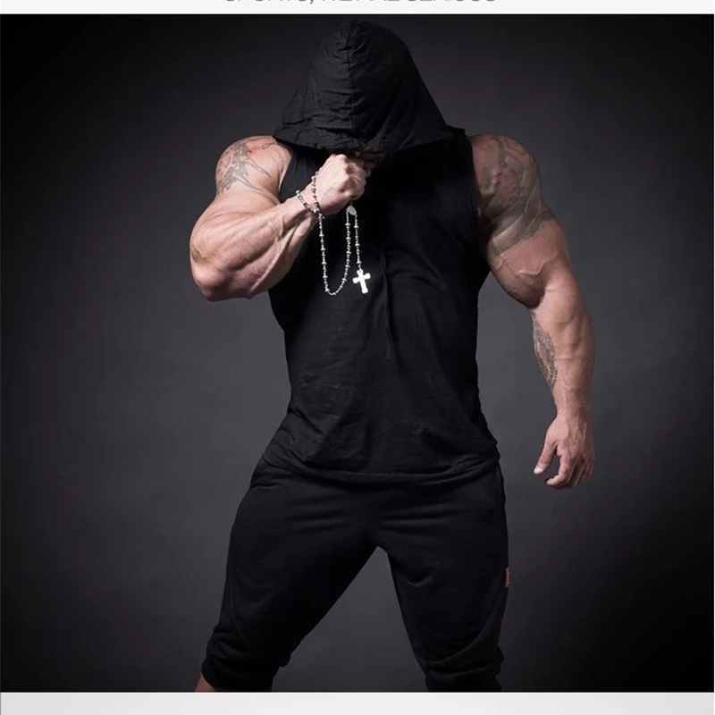 Men Bodybuilding Cotton Skulls Tank Top Gyms Fitness Hooded Vest Sleeveless Shirt Summer Casual Fashion Workout Brand Clothing